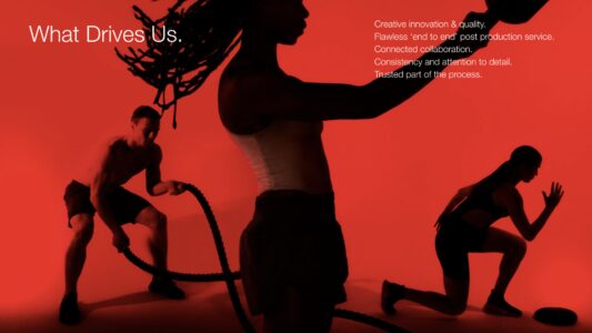 Silhouettes of three people are shown against a vivid red background, each engaged in high-intensity physical activities. A woman with flowing hair swings battle ropes, a man holds ropes in a squatting posture, and another woman is poised in a running stance. Their dynamic poses convey energy and strength, emphasizing movement and athleticism in a striking composition.