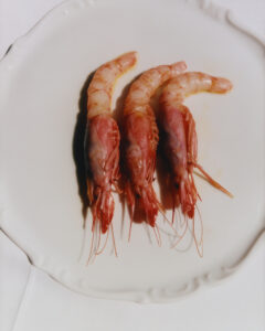Three raw prawns are neatly arranged on a white, scalloped plate. Their pinkish-red bodies and translucent tails are highlighted against the smooth, glossy surface. The thin, delicate legs and antennae spread out naturally, creating subtle shadows. The simple yet elegant presentation captures the natural textures and colors, evoking a fresh, maritime culinary feel.