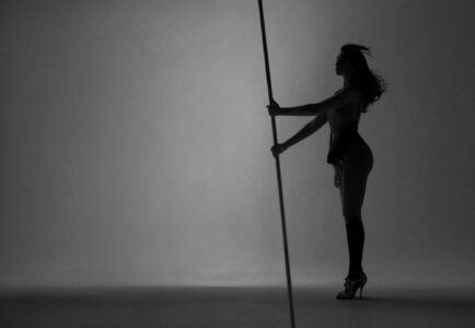 A silhouette of a woman is poised gracefully against a neutral background, holding onto a vertical pole. She stands on high heels, with her hair cascading naturally, capturing a sense of elegance and strength. The lighting creates a dramatic contrast, emphasizing the contours of her figure, evoking a mood of mystery and balance.