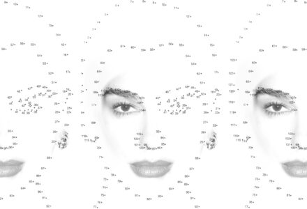A monochromatic composition features three overlapping faces, each adorned with numbered dots forming an intricate connect-the-dots pattern. The central face, more prominent than the others, displays softly shaded eyes, eyebrows, and lips. Surrounding details fade into the white background, creating a minimalist yet engaging visual play of patterns across the repeated faces.