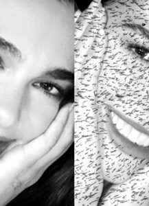 Two contrasting halves form a captivating composition. One half features a serene face with dark hair, resting a cheek upon a hand, conveying tranquility. The other half, imbued with lighter tones, reveals a bright smile overlaid with elegant, flowing script. The juxtaposition creates a compelling interplay of texture and emotion, blending realism and abstraction harmoniously.