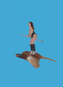 A woman dressed in a black outfit, roller skates, and knee-high socks is balancing on a large flying bird against a bright blue background. She holds a long wooden stick and appears to be maintaining her balance as the bird glides through the air. The scene is surreal, blending the whimsical with the improbable.