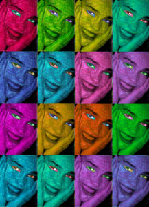 A vibrant grid features sixteen sections of the same person's lively expression. Each section displays a different bold color variation—green, pink, blue, orange, purple, and yellow—creating a striking pop art style. The artistic arrangement highlights the dynamic and playful mood through contrasting hues, with each square presenting a distinct, yet cohesive repetition of the individual's face.