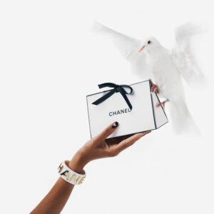A hand elegantly holds a small, rectangular gift box tied with a simple black ribbon. A white dove perches gracefully on the box, its wings slightly spread, conveying a sense of grace and tranquility. The hand is adorned with a stylish bracelet, adding a touch of sophistication to the scene. The background is a clean, bright white.