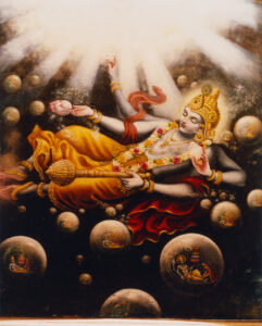 A serene figure adorned in golden attire and a crown lies reclining amidst a cosmic setting. Light radiates from above, illuminating the peaceful scene. The figure holds various objects, symbolizing attributes of divinity. Surrounding are several orbs with detailed scenes inside them, suggesting a celestial narrative. The overall atmosphere is mystical and otherworldly.