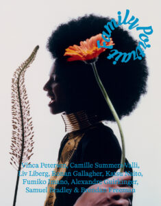 A silhouette of a person with an Afro hairstyle is featured, adorned with an ornate patterned garment and decorative neck rings. A vibrant orange flower protrudes vertically, complementing a delicate, wispy feather-like element on the other side. The composition is striking, juxtaposing natural elements against the elegant profile for a visually captivating effect.