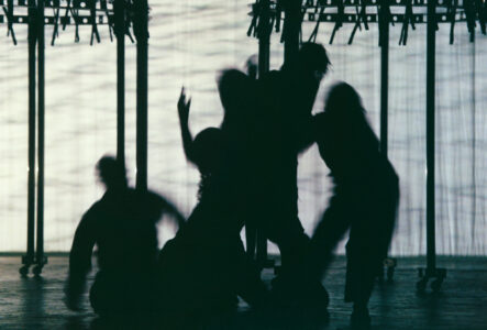 Silhouettes of five figures engage in dynamic poses against a bright, textured background. The composition conveys movement and interaction, suggesting a scene of dance or performance. Overhead, a row of hanging objects creates a dramatic contrast. The overall mood is mysterious and evocative, blending shadow and light to create a striking visual narrative.