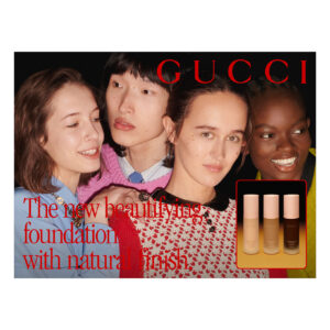 Four individuals stand closely together, each showcasing a distinct style and personality. They are dressed in a variety of colorful clothing, exuding a vibrant and spirited atmosphere. To the side, there are four cosmetic bottles in a small display, representing different shades. The overall theme suggests diversity, inclusivity, and the appeal of beauty products.