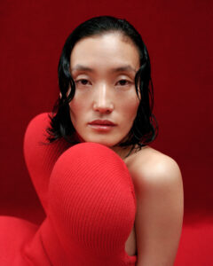 A person with a serene expression and striking features gazes forward. They have wet, dark hair styled sleekly. The composition is dominated by a vibrant, plush red garment that partially envelops the figure, contrasting with their soft skin tone. The rich red background enhances the dramatic yet minimalist effect, creating a compelling visual coherence and intensity.