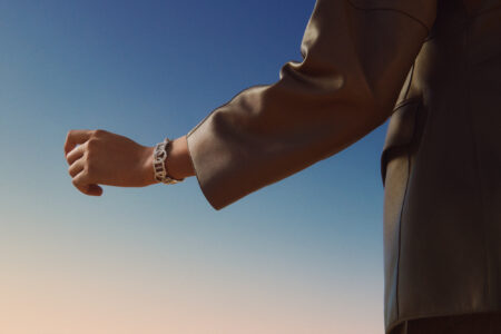 A person extends their arm, clad in a sleek, smooth-surfaced brown jacket. A chunky silver bracelet adorns the wrist. The background reveals a gradient sky, transitioning from a soft blue at the top to a gentle pale tone near the bottom, suggesting either dawn or dusk, adding a serene and minimalist aesthetic to the scene.