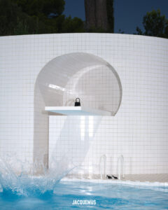 A serene outdoor setting features a sleek, white, tiled wall with an arch. A modern design shelf protrudes from the wall, displaying a small black purse. Below, a splash disrupts the calm blue water of a pool, suggesting movement or an object hitting the surface. Tall trees are visible in the background, enhancing the tranquil atmosphere.
