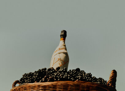 A wicker basket brimming with dark grapes supports a bottle wrapped in a cloth. The bottle is nestled upright among the grapes, its top slightly tilted. The setting has a sophisticated, rustic charm, with muted tones complementing the simplicity of the design. The backdrop is serene, offering a peaceful, minimalistic aesthetic that emphasizes the foreground elements.