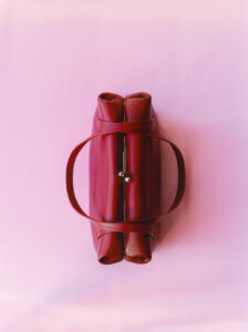 A red leather bag is folded symmetrically, showcasing its sleek design. Two handles form a loop, accentuating its structured shape. The background is a smooth, soft pink, creating a contrasting backdrop that highlights the bag's rich hue. The metallic clasp adds a touch of elegance, reflecting light subtly. The setup exudes a sense of minimalist sophistication.