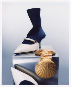 A stylish setup showcases a pointed high-heeled shoe in cream, worn with a navy sock, perched elegantly on a reflective metallic cube. Nearby, a glittering gold seashell adds a touch of glamour. Another shoe is partially visible in the background, creating a sophisticated and modern aesthetic, enhanced by the muted gradient backdrop.
