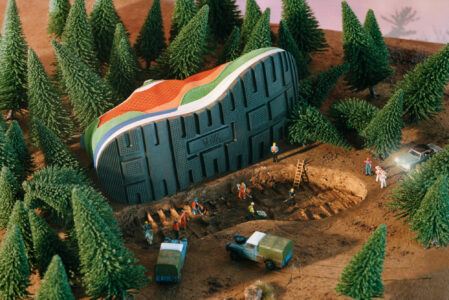 A surreal scene depicts a giant shoe partially buried in a forest, surrounded by miniature figures engaged in excavation. The figures, appearing as construction workers, use tools near an excavation site. Vehicles are parked nearby, and dense, small pine trees encircle the area, creating a whimsical atmosphere in this imaginative setting.
