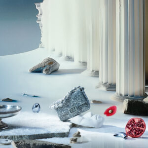 A surreal scene depicts a snowy landscape with ancient columns, scattered stone fragments, and a silver metallic handbag. A serene marble face rests on the ground among various objects, including a halved pomegranate and a reflective sphere. The setting combines classical and contemporary elements, merging them into a dreamlike composition with a mystical, icy atmosphere.