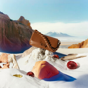 A brown leather handbag with a chain strap is artfully positioned atop a smooth, white sand dune. The setting features red rock formations in the background and scattered spherical stones. The sky is clear, providing a serene and contrasting backdrop that highlights the bag's elegant design, creating a fusion of fashion and nature's beauty.