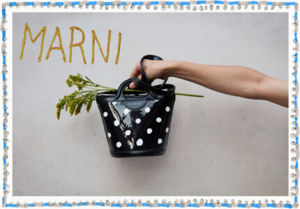A hand extends into view, holding a glossy black handbag adorned with white polka dots. Emerging from the handbag, a few green sprigs of foliage add a natural touch. The background is a plain, neutral surface, creating a minimalist aesthetic. A decorative border with blue and silver elements frames the composition, adding a playful touch.