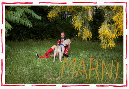 A person sits in a lush, green meadow, surrounded by dense foliage. They wear a patterned dress and vibrant red knee-high boots. Nearby, a dog affectionately nuzzles them. Overhead, yellow flowers hang from a tree, adding a splash of color. The scene is framed by a whimsical border of red and white.