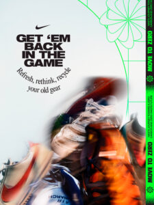 The image features a dynamic composition of colorful, blurred athletic shoes in motion, suggesting activity and speed. Curved green lines and decorative floral patterns add vibrancy, framing the central elements. The overall aesthetic emphasizes energy and movement, while the vivid colors create a sense of action and renewal. The layout is modern and visually engaging.