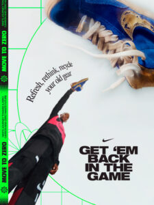 A close-up of a worn, dirt-streaked sneaker shows its aged, frayed condition. In the foreground, a person gestures energetically upward, clad in a vibrant sports jacket and dark pants. The overall theme suggests revitalizing old footwear, captured by a dynamic design and iconic swoosh branding, set against a clean, modern backdrop with green accents.