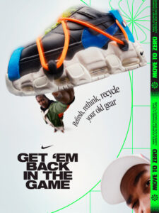 A sneaker with a unique design features vibrant orange laces, blue accents, and a chunky sole. Below, a person is mid-action, exuding energy and movement. The overall theme suggests refreshment and rejuvenation, with an emphasis on a sustainable lifestyle. A face peers confidently into the scene, enhancing the dynamic and engaging atmosphere.