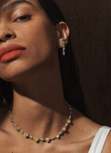 A close-up showcases a woman with elegant, vibrant red lips and smooth, glowing skin. She wears a delicate necklace with alternating yellow and clear gemstones, and matching drop earrings feature multiple stones. Her dark hair is sleek and tucked behind her ear. The warm, soft lighting highlights her refined features against a dark background.