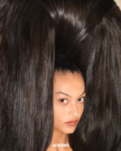 A person gazes forward, partially obscured by an extraordinary hairstyle. The long, dark hair forms an oversized loop, framing the face with a glossy sheen. The person's expression is serene and composed, contrasting with the dramatic volume of the hair which catches the light, emphasizing its texture and structure. The focus remains on the striking and artistic hair arrangement.