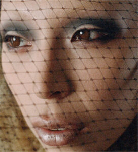 A close-up view reveals a face partly covered by delicate netting with a grid pattern. The focus is on the expressive eyes, highlighted by dramatic dark eyeshadow. Lips are slightly parted, emphasizing a natural sheen. The textured net adds an intriguing layer, evoking mystery and elegance. Soft lighting accentuates the contours and subtle details, enhancing the captivating gaze.
