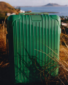 A green, hard-shell suitcase stands upright on a grassy hill, with tall dry grass casting shadows across its surface. In the background, a scenic view of a calm body of water extends towards the horizon, with a distant island or mountain visible. The scene is bathed in warm, golden sunlight, creating a serene and inviting atmosphere.