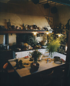 A cozy, rustic kitchen showcases a mix of vintage and natural elements. The countertop, adorned with fresh produce, herbs, and a decorative basket, conveys a homely atmosphere. Hanging pots, wooden shelves filled with assorted kitchenware, and soft lighting create a warm ambiance. The inviting scene is completed with flowers and a hint of culinary activity.