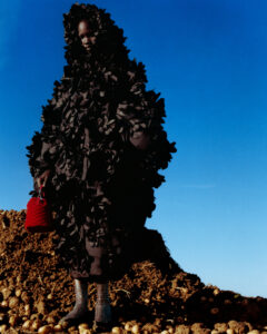 A person stands against a brilliantly clear blue sky, dressed in an extravagant, textured dark outfit resembling a jumble of layered flowers or leaves. They hold a vivid red handbag, adding contrast to the scene. The ground is earthy and uneven, dotted with small potatoes, while the person wears intricately patterned boots, enhancing the overall surreal and artistic composition.