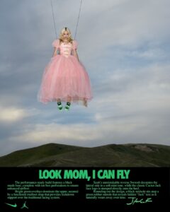 A young woman in a voluminous pink tulle dress appears suspended high in the sky, thin ropes extending upward out of view. Her posture is upright and composed, expression serious. Below her, rolling green hills stretch into the distance. She wears bright green sneakers, contrasting sharply with the delicate dress, creating a surreal, dreamlike tension between elegance and gravity.