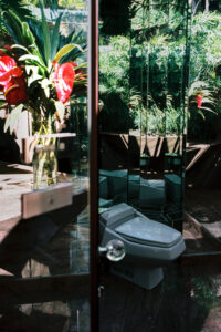 A luxurious bathroom features a modern toilet set against mirrored walls, creating an expansive, reflective effect. A clear vase holding vibrant red anthuriums and lush green foliage sits on a polished countertop. Sunlight filters in, enhancing the vibrant colors and clean elegance, with a partial view of a glass door and a marble floor completing the scene.