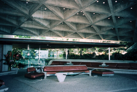 A modern, spacious interior showcases a geometric, concrete ceiling with a pattern of recessed lights. The room features sleek, brown leather seating arranged around angular, minimalist tables. Large glass walls allow an abundance of natural light, blending indoor and outdoor elements with lush greenery visible outside, creating a seamless transition between the architectural structure and nature.